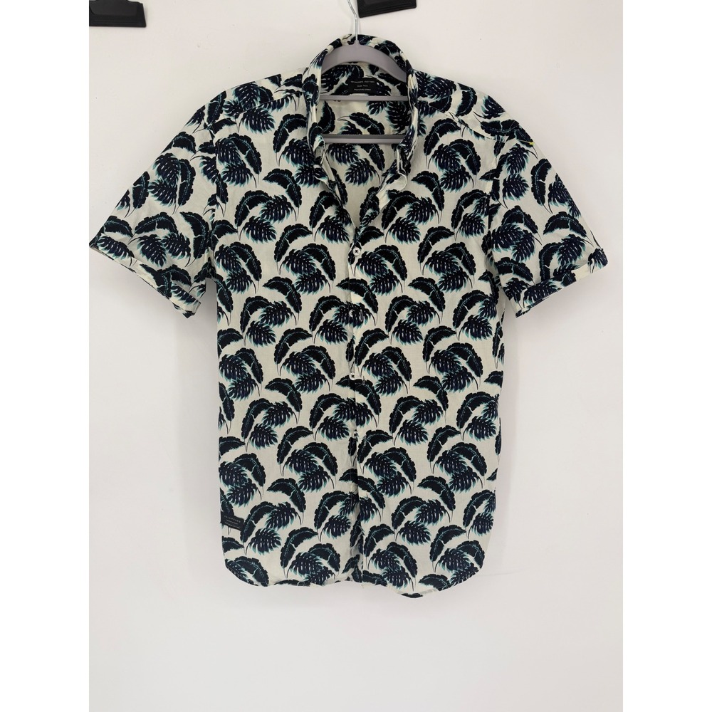7 Diamonds Shirt Mens Medium White Blue Excellent Lost In Paradise Palm Leaf